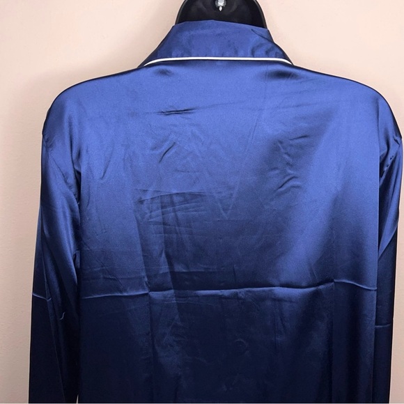 Medium Blue Satin Button Front Pajama Top Long Sleeve Glam - Picture 8 of 11